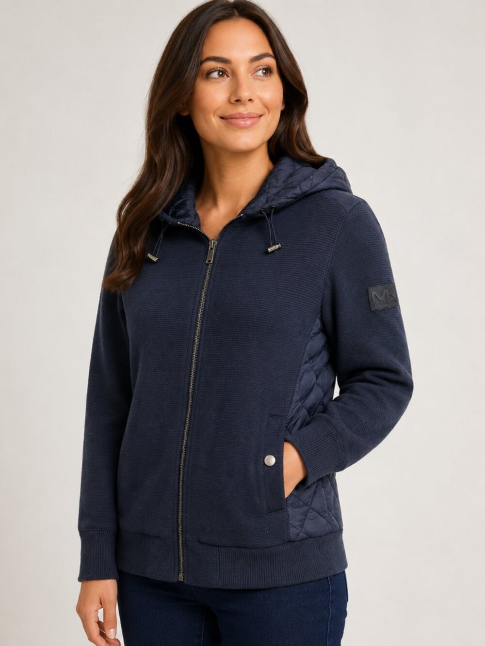Michael Kors Quilted Mixed Media Hooded Zip Jacket Navy Size S